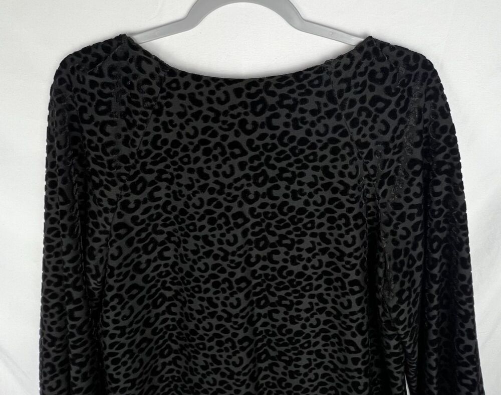 NINE WEST Size 8 Black Leopard Velvet Burnout Dress Long Sleeve Ruffle Shift - Picture 8 of 12